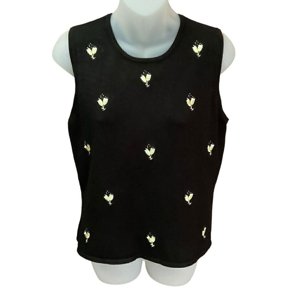 Etoile Knit Tank Top Round Neck Embroidered Champagne Glasses Black Yellow Large